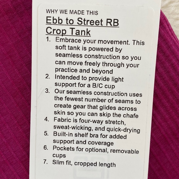 ❤️ Lululemon Ebb to Street Crop Tank Size 6 NWT - Picture 5 of 6